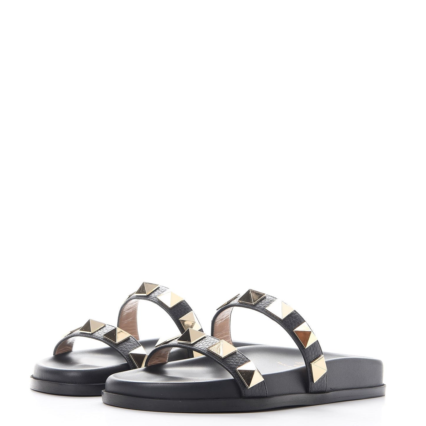 Pebbled Calfskin Macro Rockstud Lock Slide Sandals 35 Black