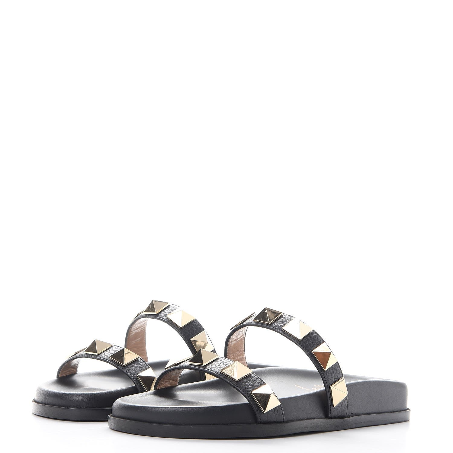 Valentino Garavani Pebbled Calfskin Macro Rockstud Lock Slide Sandals 35 Black 3 of 10