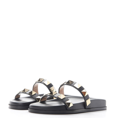 Valentino Garavani Pebbled Calfskin Macro Rockstud Lock Slide Sandals 35 Black 3 of 10