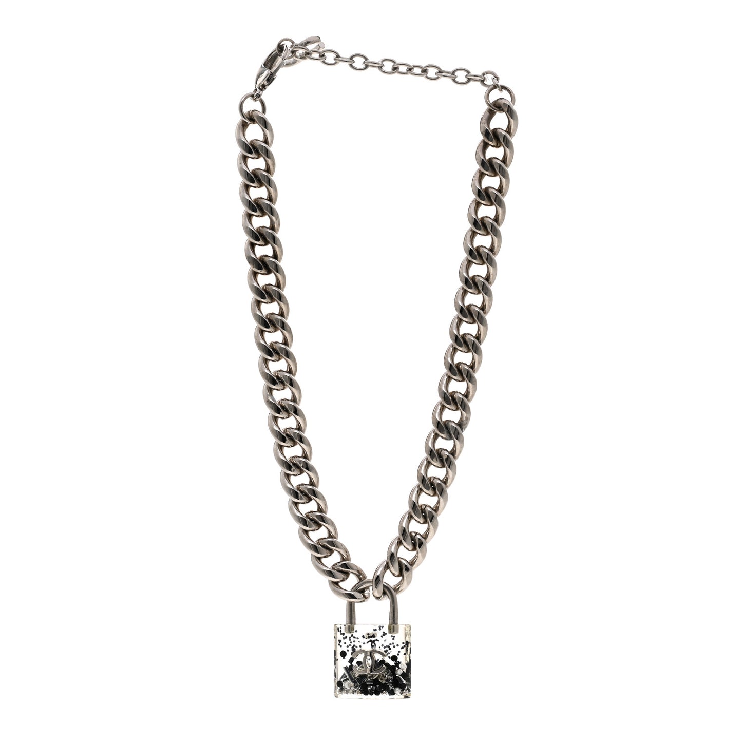 Resin CC Oversized Padlock Chain Necklace Silver Pearly White