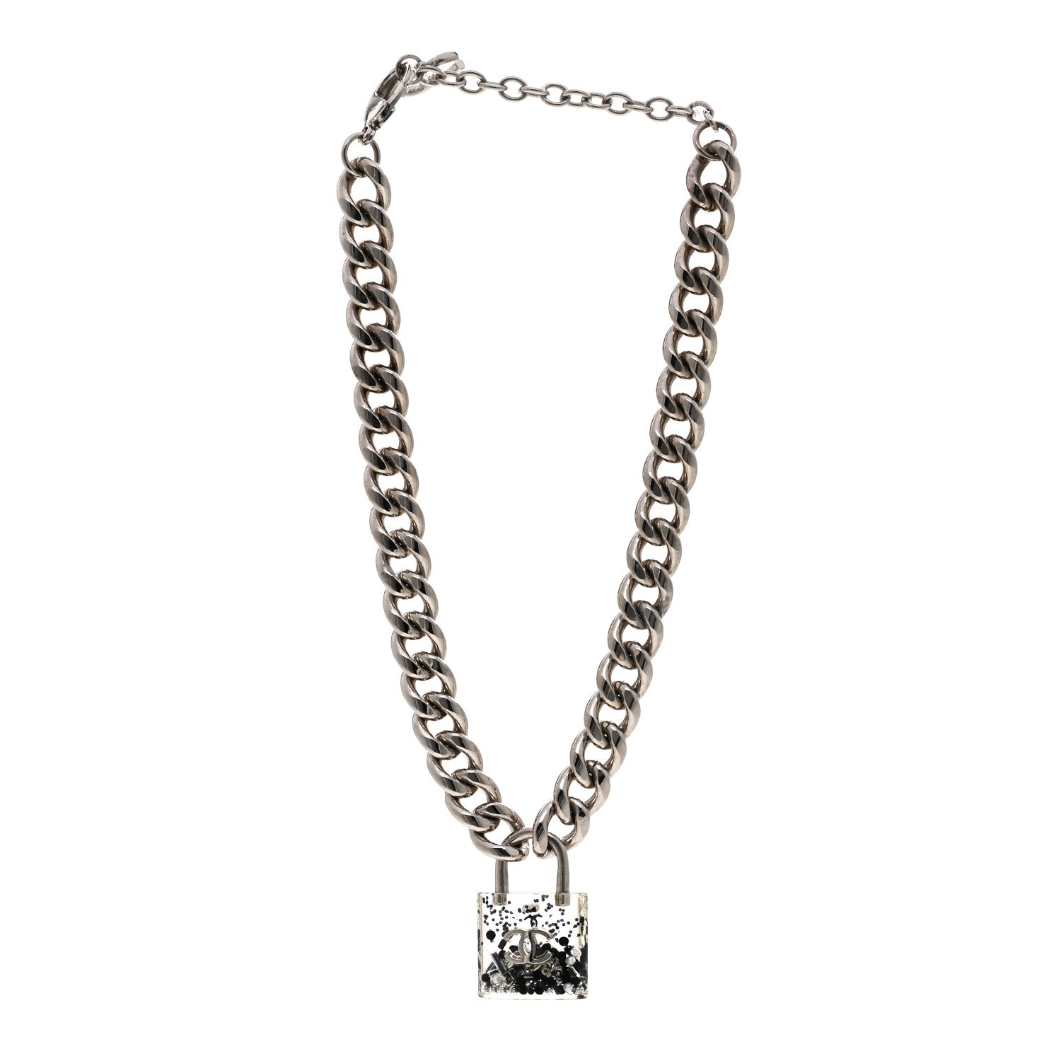 Chanel Resin CC Oversized Padlock Chain Necklace Silver Pearly White 3 of 5