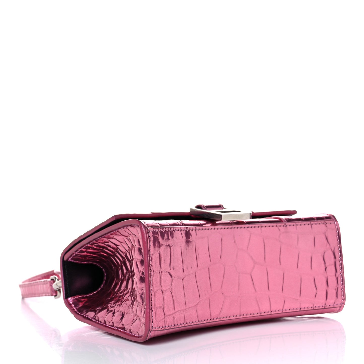 Metallic Shiny Calfskin Crocodile Embossed Hourglass Top Handle Bag XS Pink