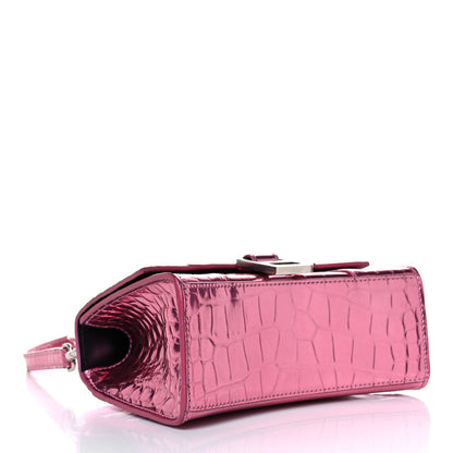 Balenciaga Metallic Shiny Calfskin Crocodile Embossed Hourglass Top Handle Bag XS Pink 4 of 18