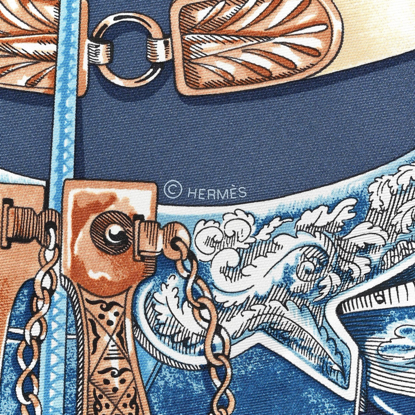 Silk Cavalcades Scarf 90 Ocre Bleu Ardoise Brun