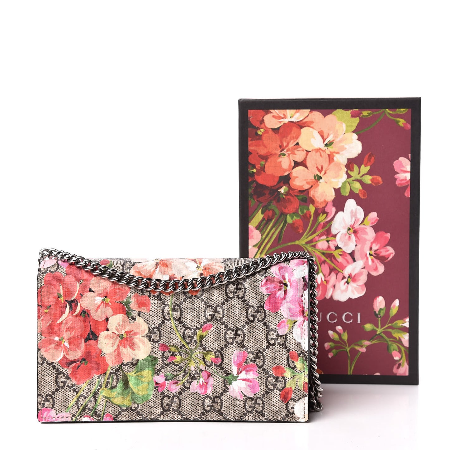 GG Supreme Monogram Blooms Chain Wallet Beige Multicolor Dry Rose