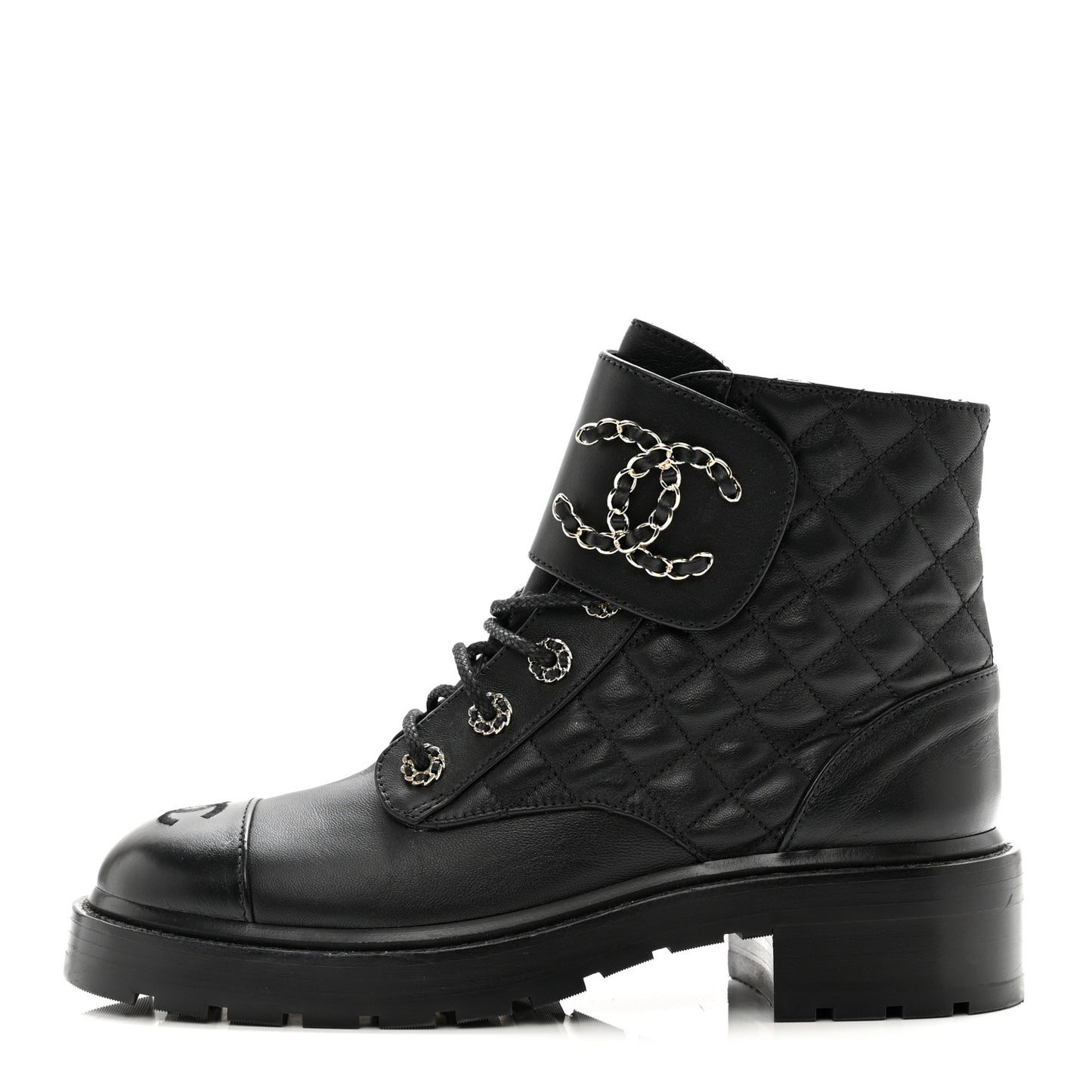 Shiny Lambskin Quilted Lace Up Combat Boots 39 Black