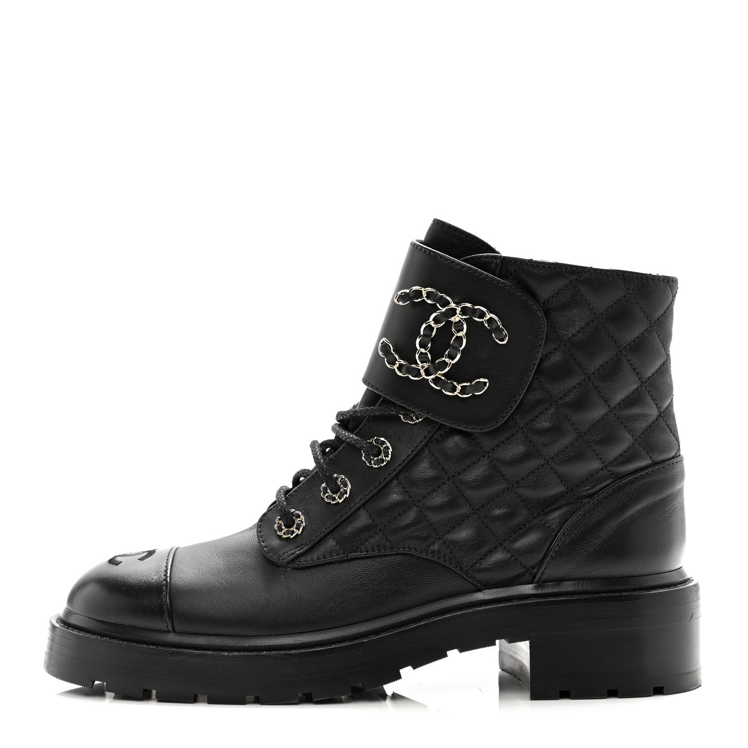Chanel Shiny Lambskin Quilted Lace Up Combat Boots 39 Black 1 of 10