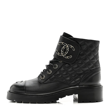 Chanel Shiny Lambskin Quilted Lace Up Combat Boots 39 Black 1 of 10