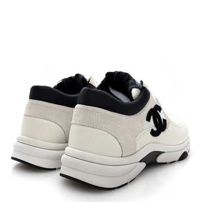 Chanel Mesh Suede Calfskin Grained Calfskin Womens CC Sneakers 38.5 White Black 3 of 8