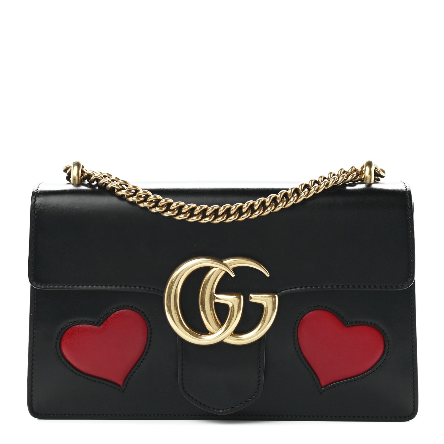 Knight Calfskin Malaga Kid Heart Medium GG Marmont Chain Handle Bag Black Hibiscus Red Multicolor