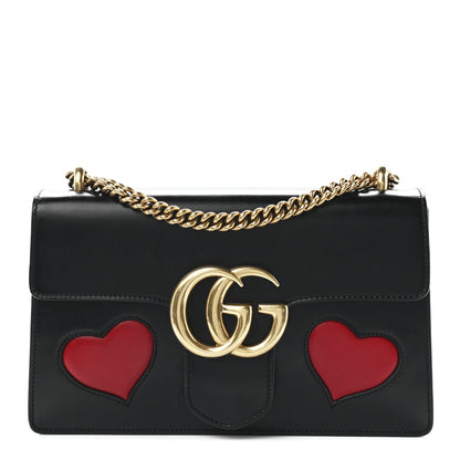 Gucci Knight Calfskin Malaga Kid Heart Medium GG Marmont Chain Handle Bag Black Hibiscus Red Multicolor 1 of 13