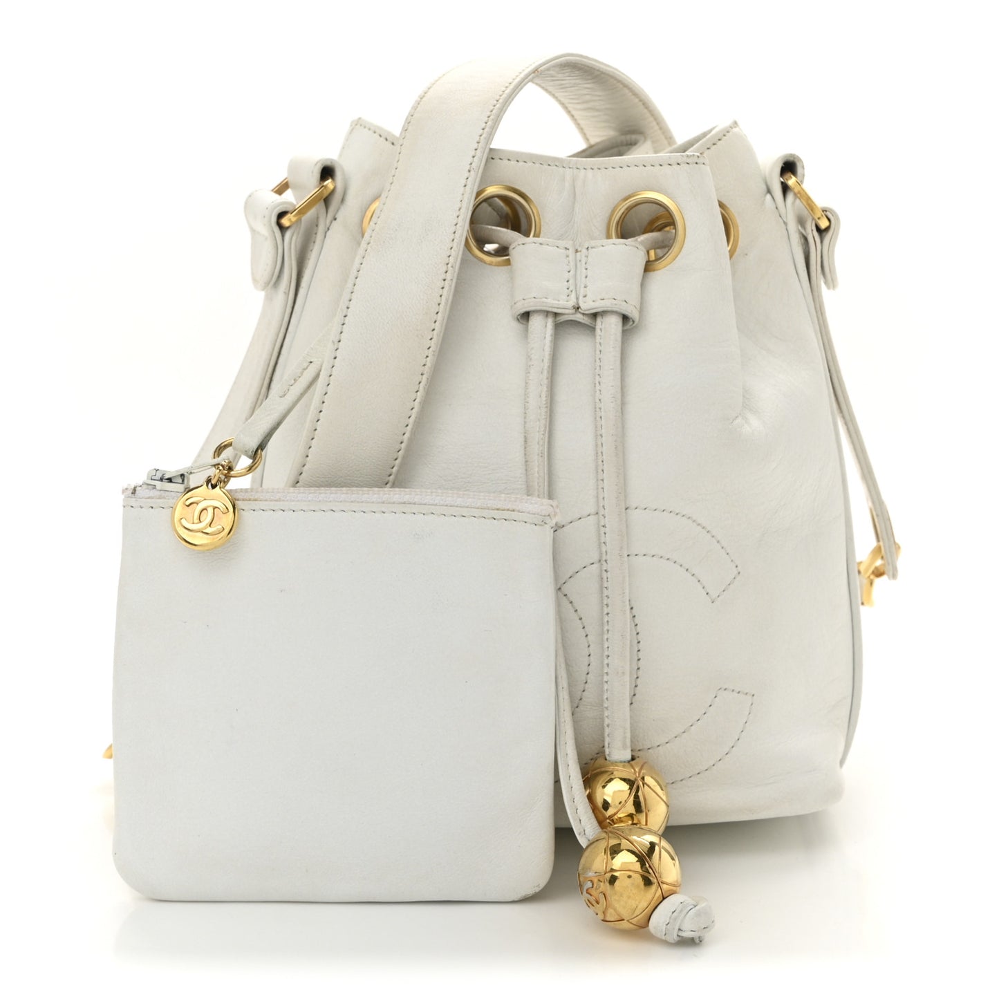 Lambskin CC Drawstring Bucket Bag White