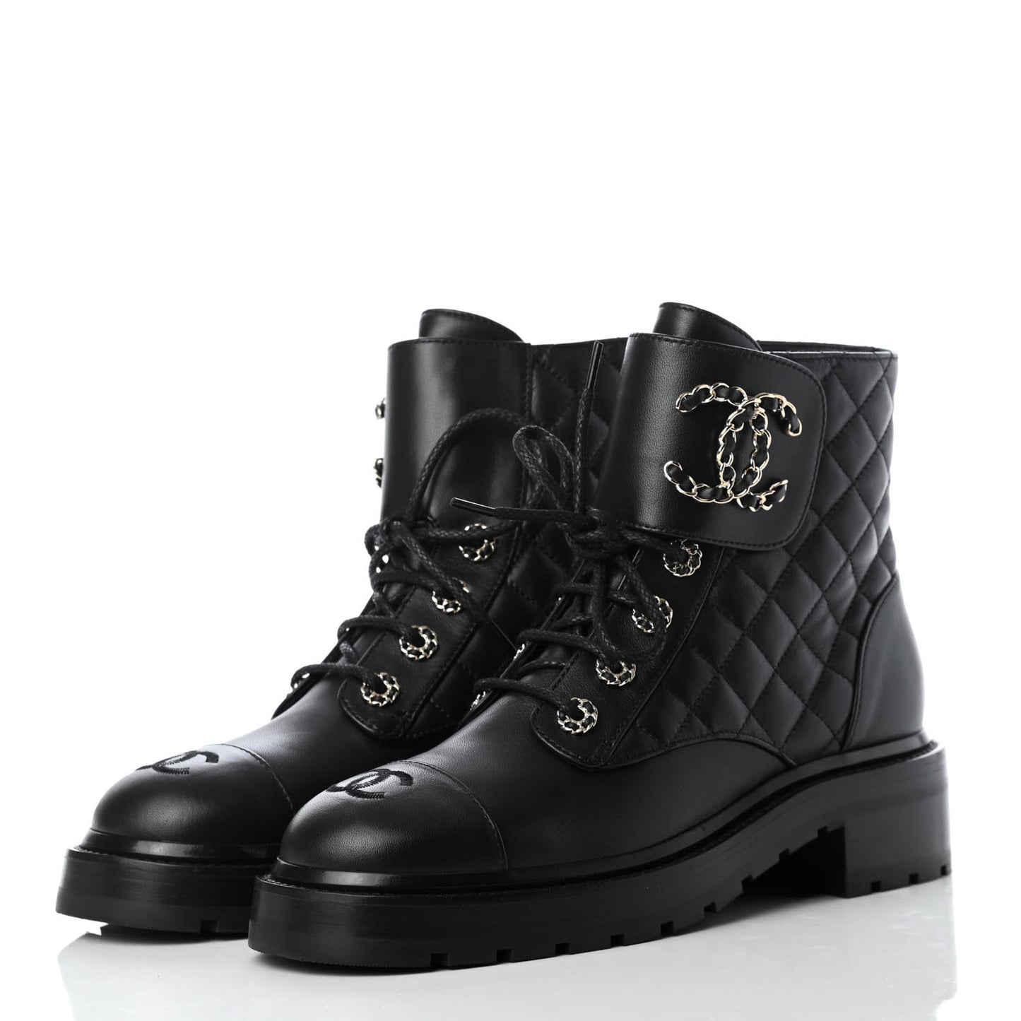 Shiny Lambskin Quilted Lace Up Combat Boots 38 Black