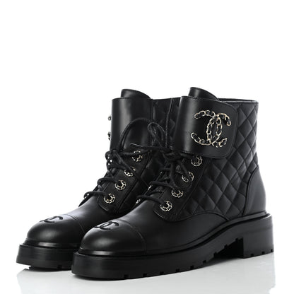 Chanel Shiny Lambskin Quilted Lace Up Combat Boots 38 Black 3 of 11