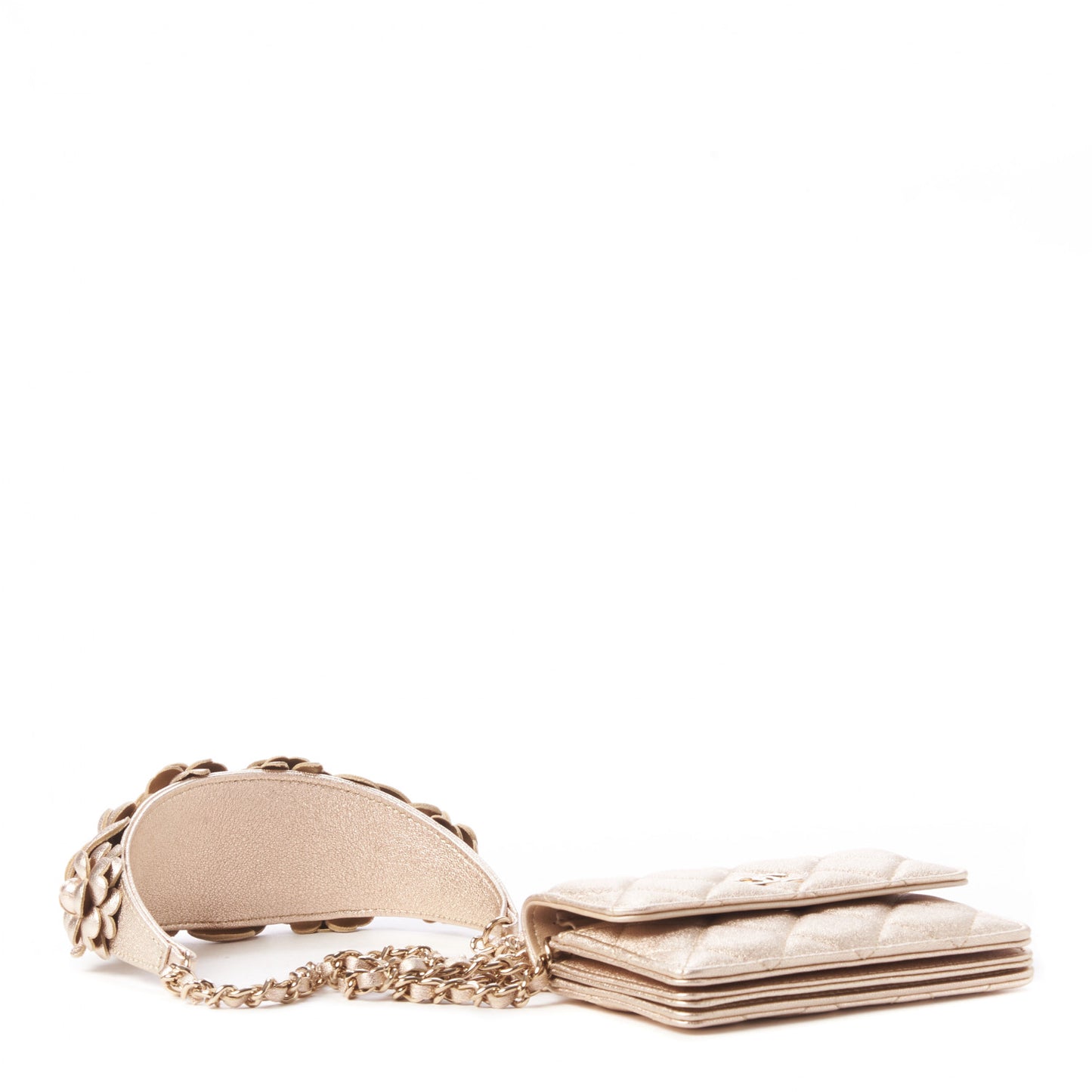Metallic Lambskin Quilted Camellia Card Holder On Chain Gold