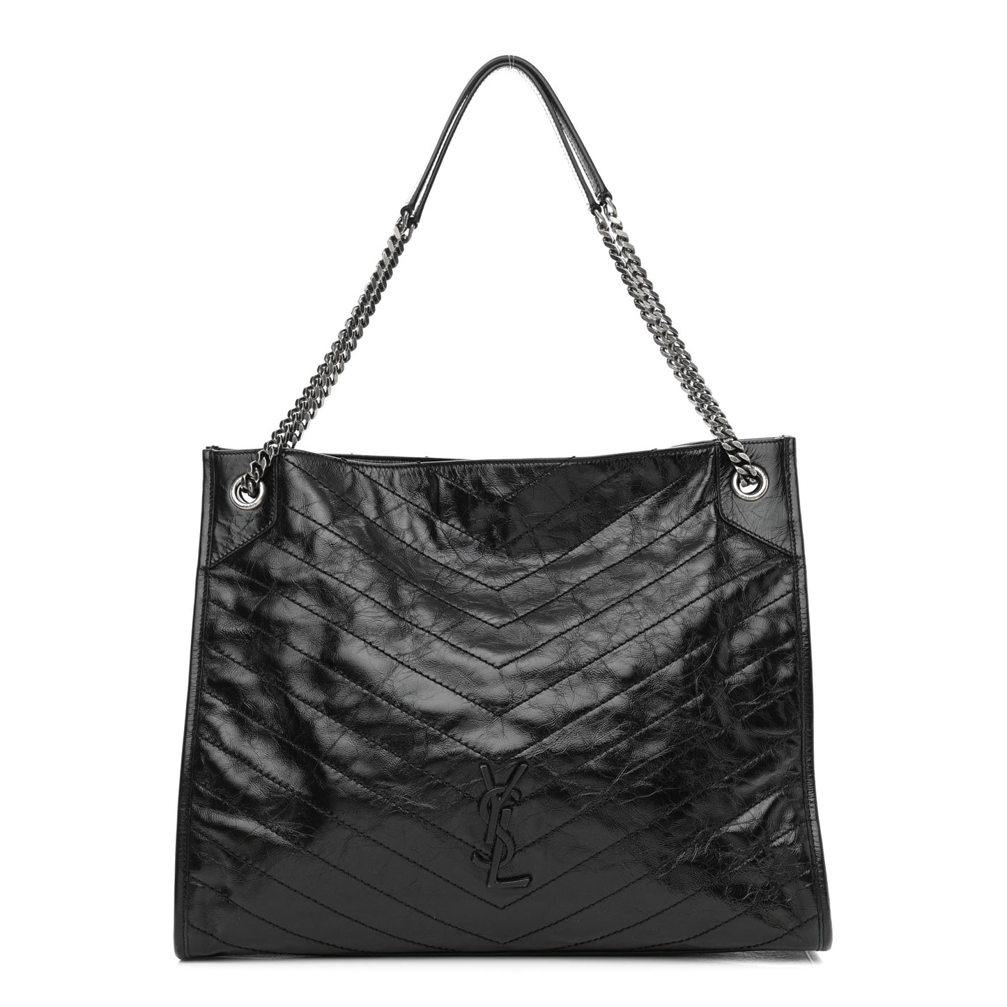 Crinkled Calfskin Matelasse Monogram Medium Niki Shopper Tote Black