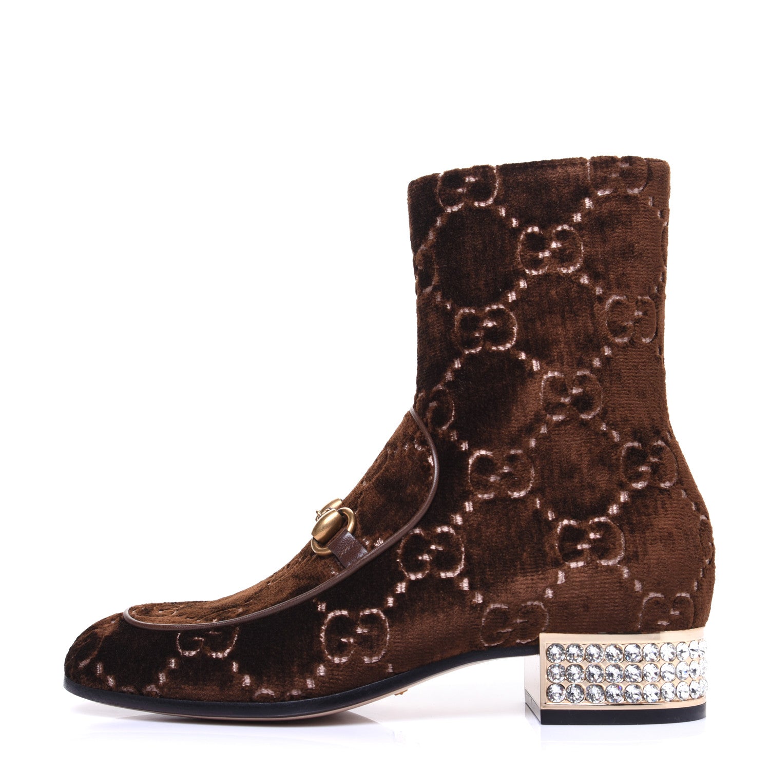 Gucci Velvet GG Monogram Crystal Horsebit Ankle Boots 35.5 Brown Vintage Cocoa 1 of 13