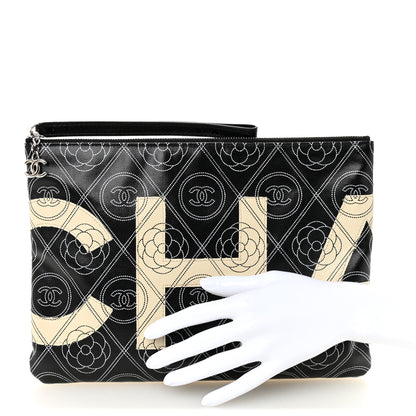 Chanel Coated Canvas Calfskin Camellia Printed Pouch Black Beige 2 of 7