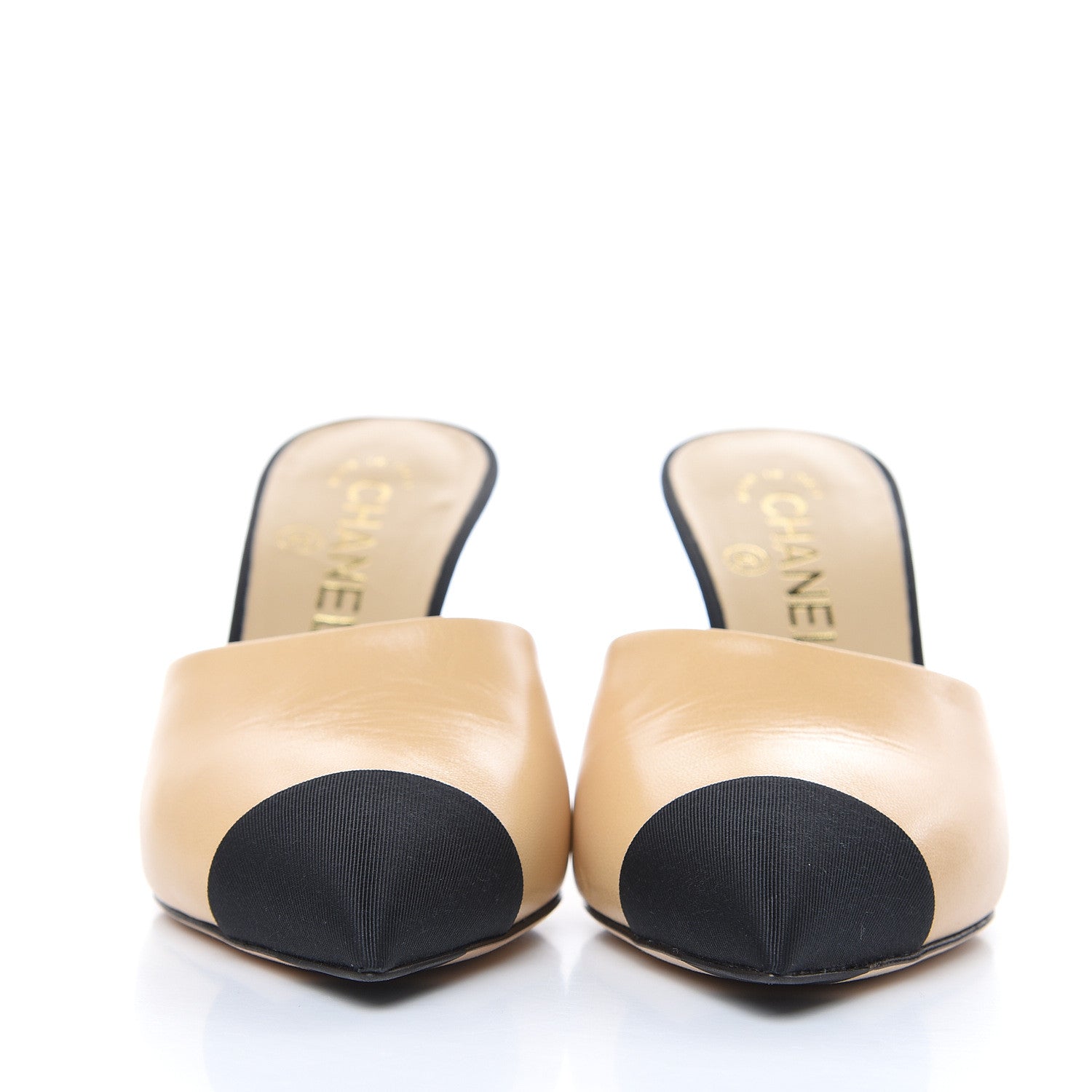 Chanel Goatskin Grosgrain Cap Toe Pearl Mule 36 Beige Black 2 of 11