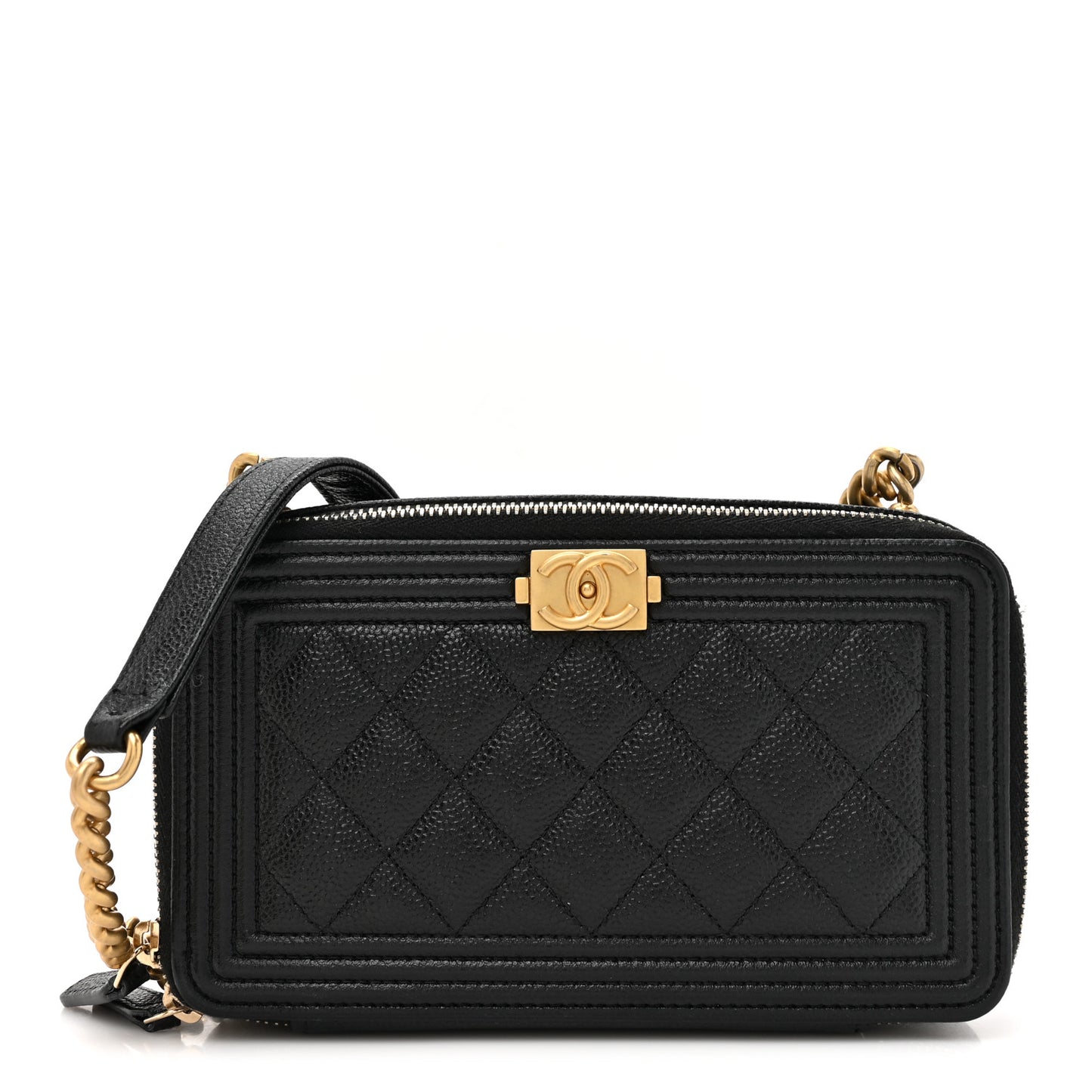 Caviar Quilted Boy Zip Phone Holder With Chain Black