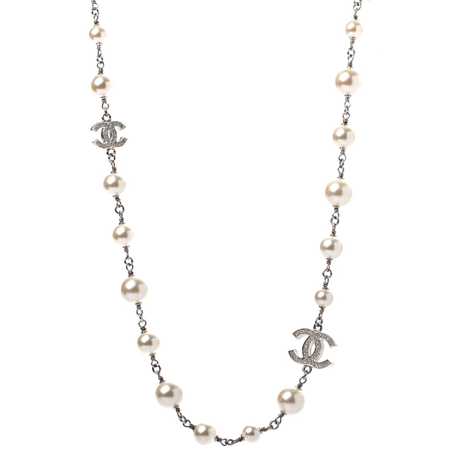 Chanel Crystal Pearl CC Long Necklace Silver 1 of 6