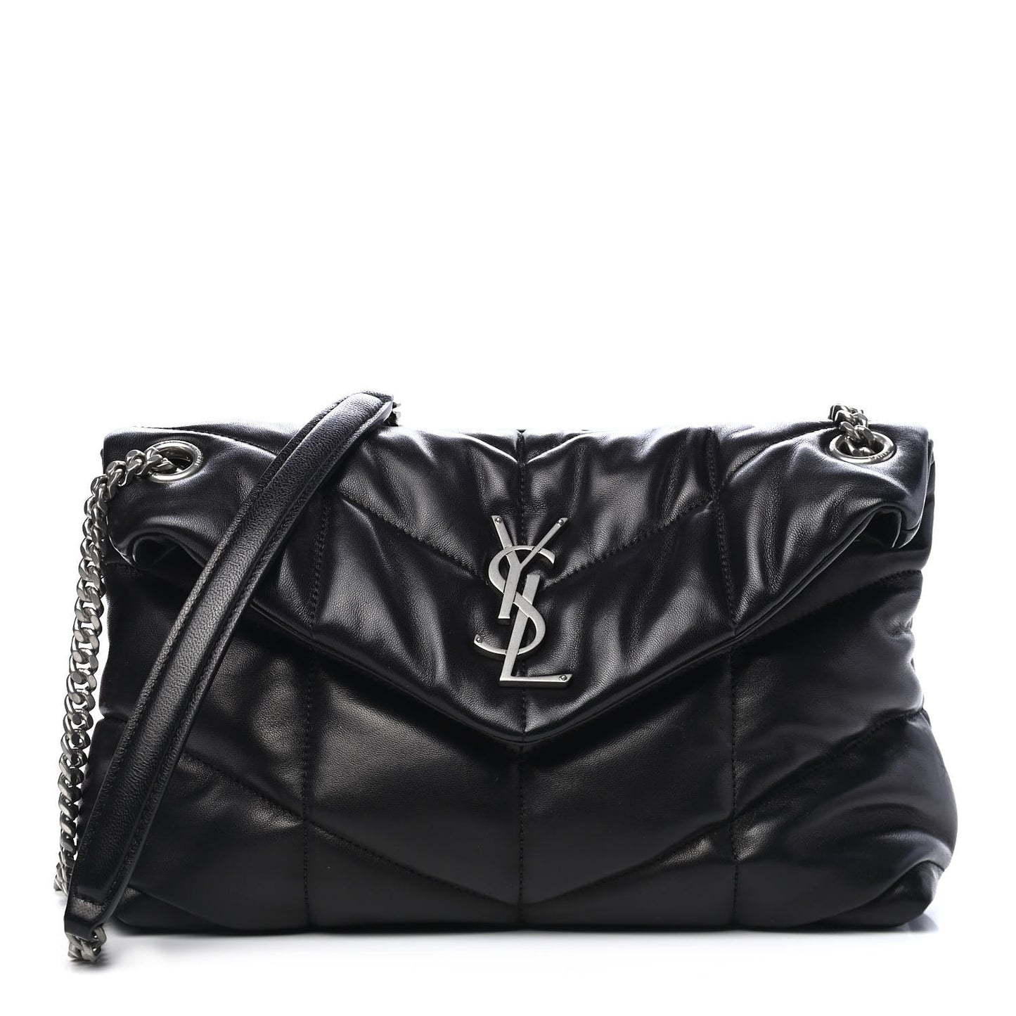 Lambskin Quilted Small Loulou Puffer Monogram Chain Satchel Black