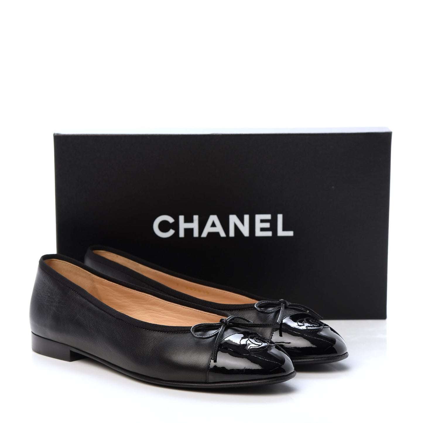Lambskin Patent Calfskin CC Cap Toe Ballerina Flats 38.5 Black