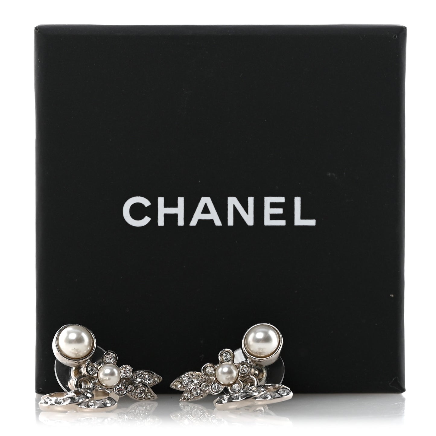 Crystal Pearl CC Leaf Earrings Silver