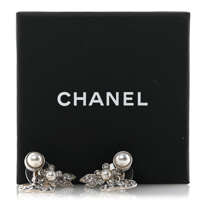 Chanel Crystal Pearl CC Leaf Earrings Silver 10 of 10