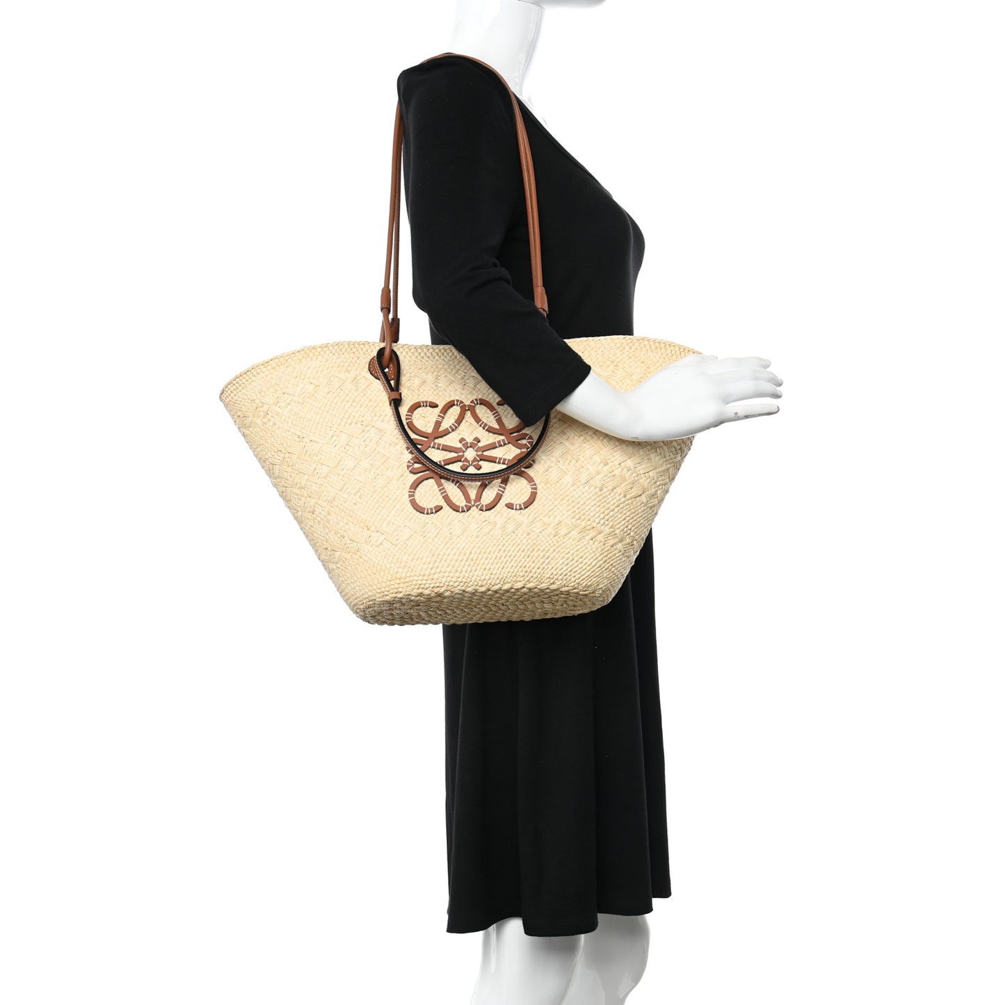 Calfskin Raffia Small Anagram Basket Tote Bag Natural Tan