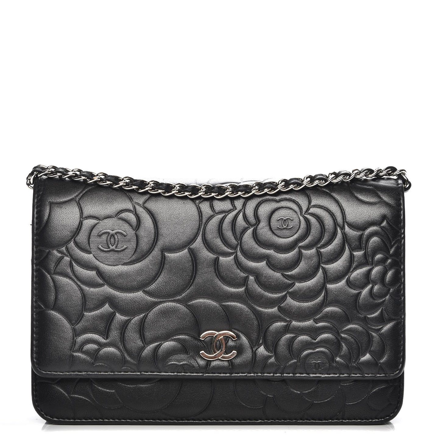 Lambskin Camellia Embossed Wallet On Chain WOC Black