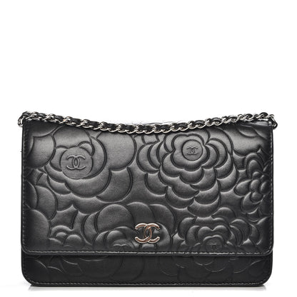 Chanel Lambskin Camellia Embossed Wallet On Chain WOC Black 1 of 8