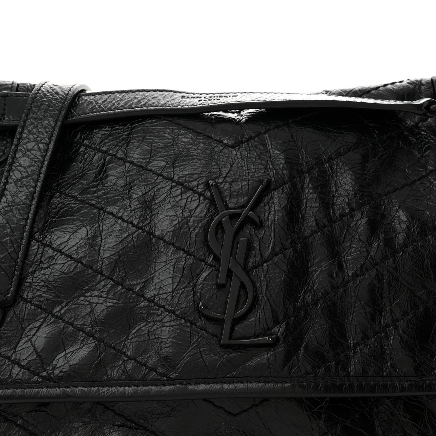 Crinkled Calfskin Matelasse Monogram Medium Niki Chain Satchel Black