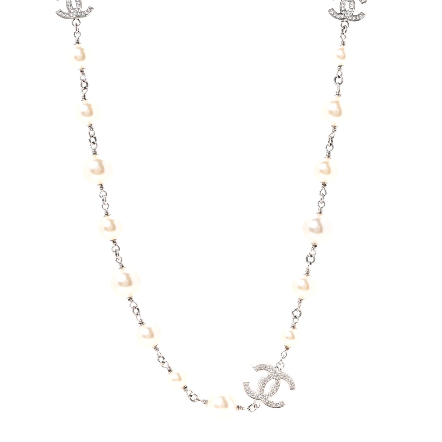 Graduated Pearl Crystal CC Long Necklace Silver