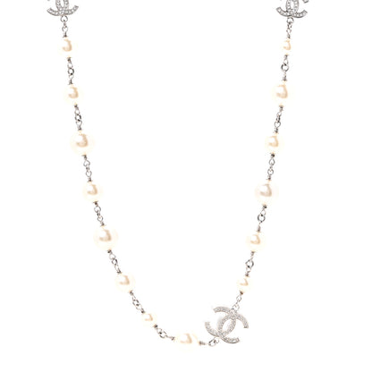Chanel Graduated Pearl Crystal CC Long Necklace Silver 1 of 4