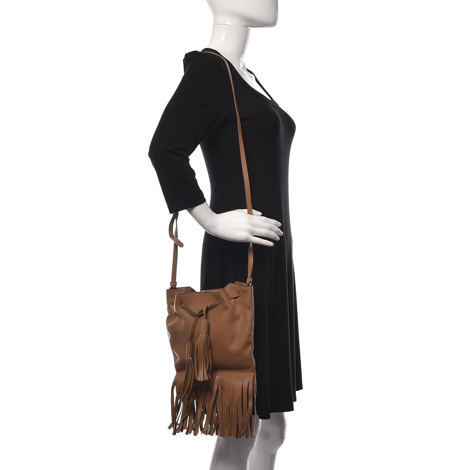 Prada Soft Calf Drawstring Fringe Crossbody Tan 2 of 9