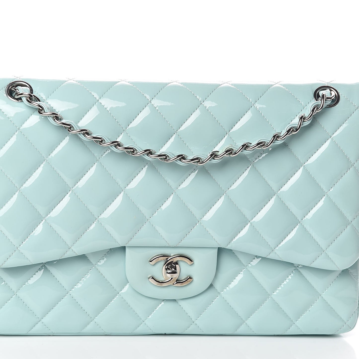Patent Calfskin Quilted Jumbo Double Flap Light Green
