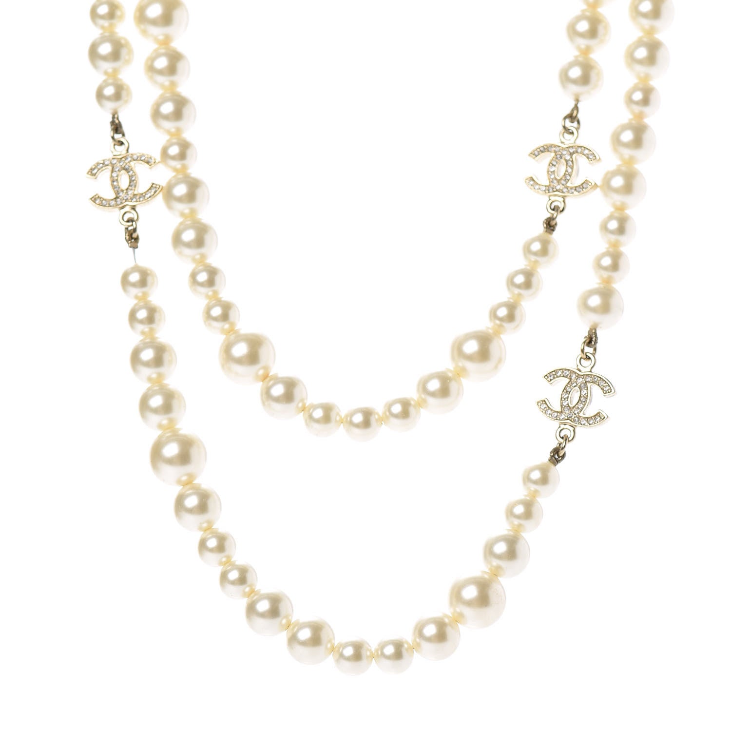 Chanel Graduated Pearl Crystal CC Long Necklace Light Gold 1 of 5