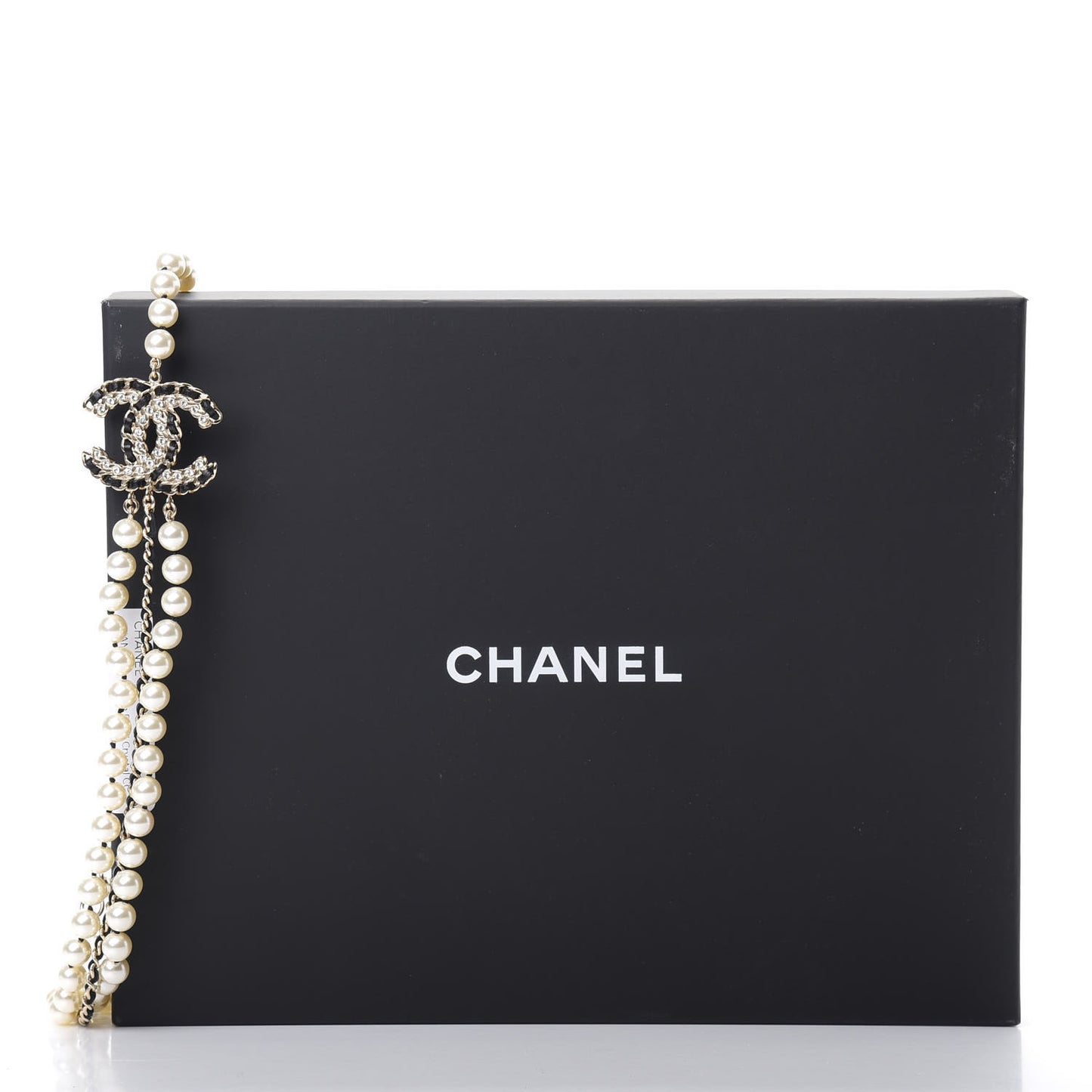 Lambskin Pearl Crystal CC Chain Necklace Black Gold