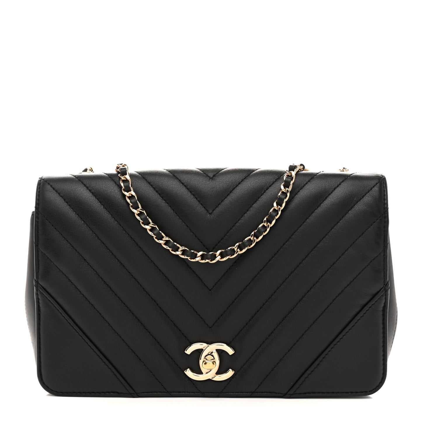 Calfskin Chevron Quilted Small Statement Flap Black
