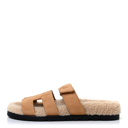Hermes Suede Goatskin Woolskin Womens Chypre Sandals 38 Golden Beige 1 of 4