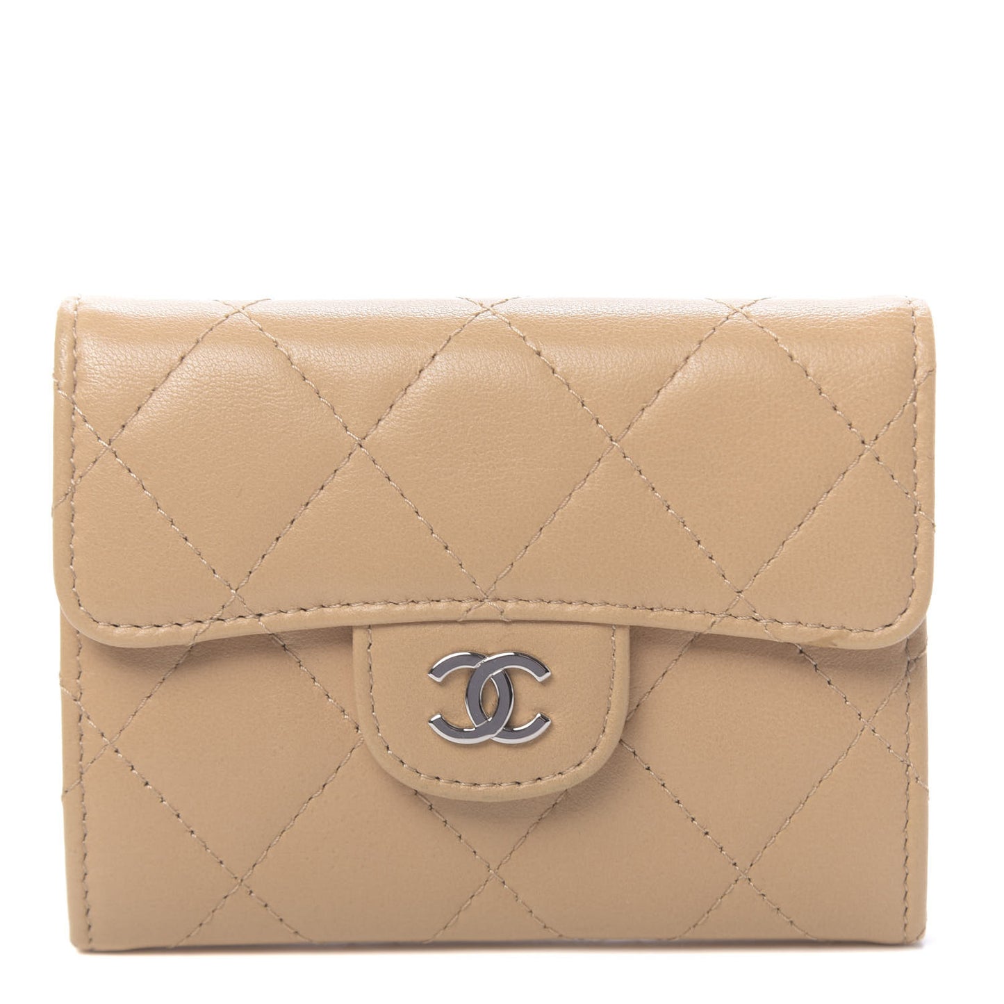 Lambskin Quilted Flap Card Holder Wallet Beige