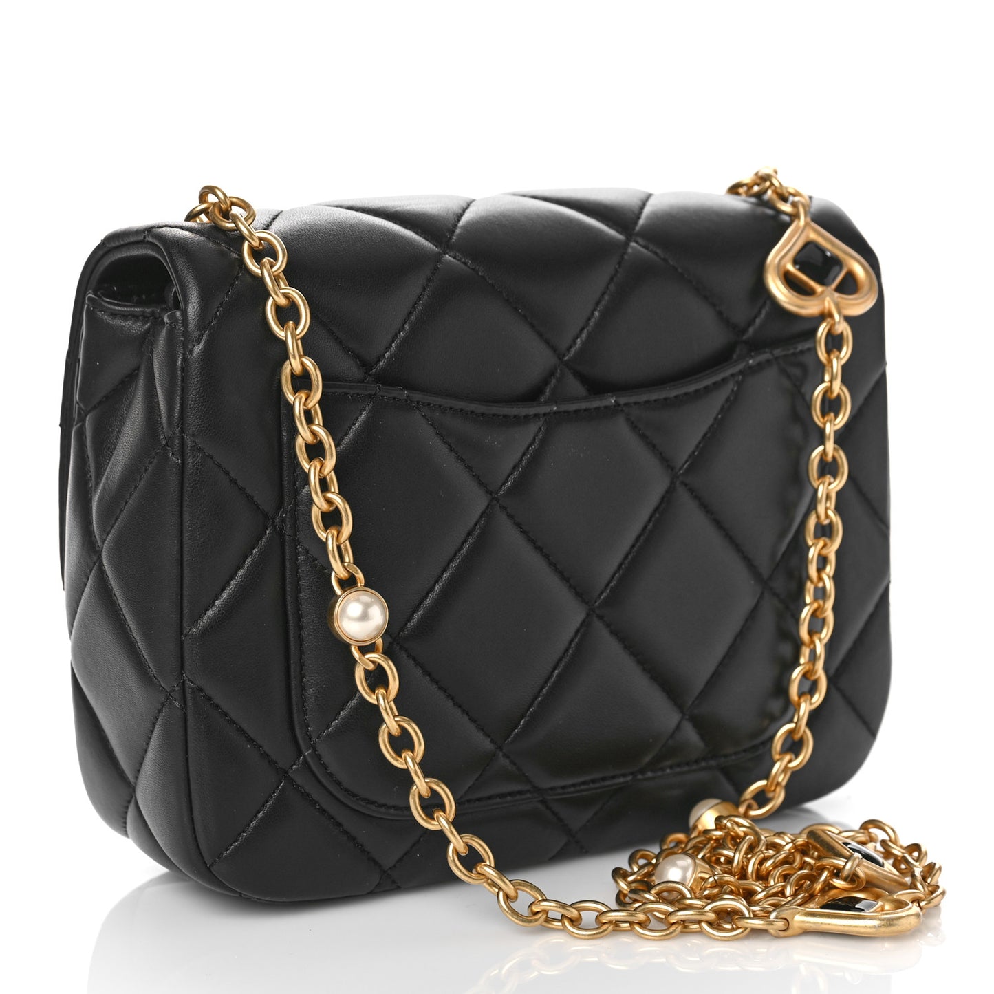 Lambskin Enamel Pearl Quilted Mini Charm Me Square Flap Black