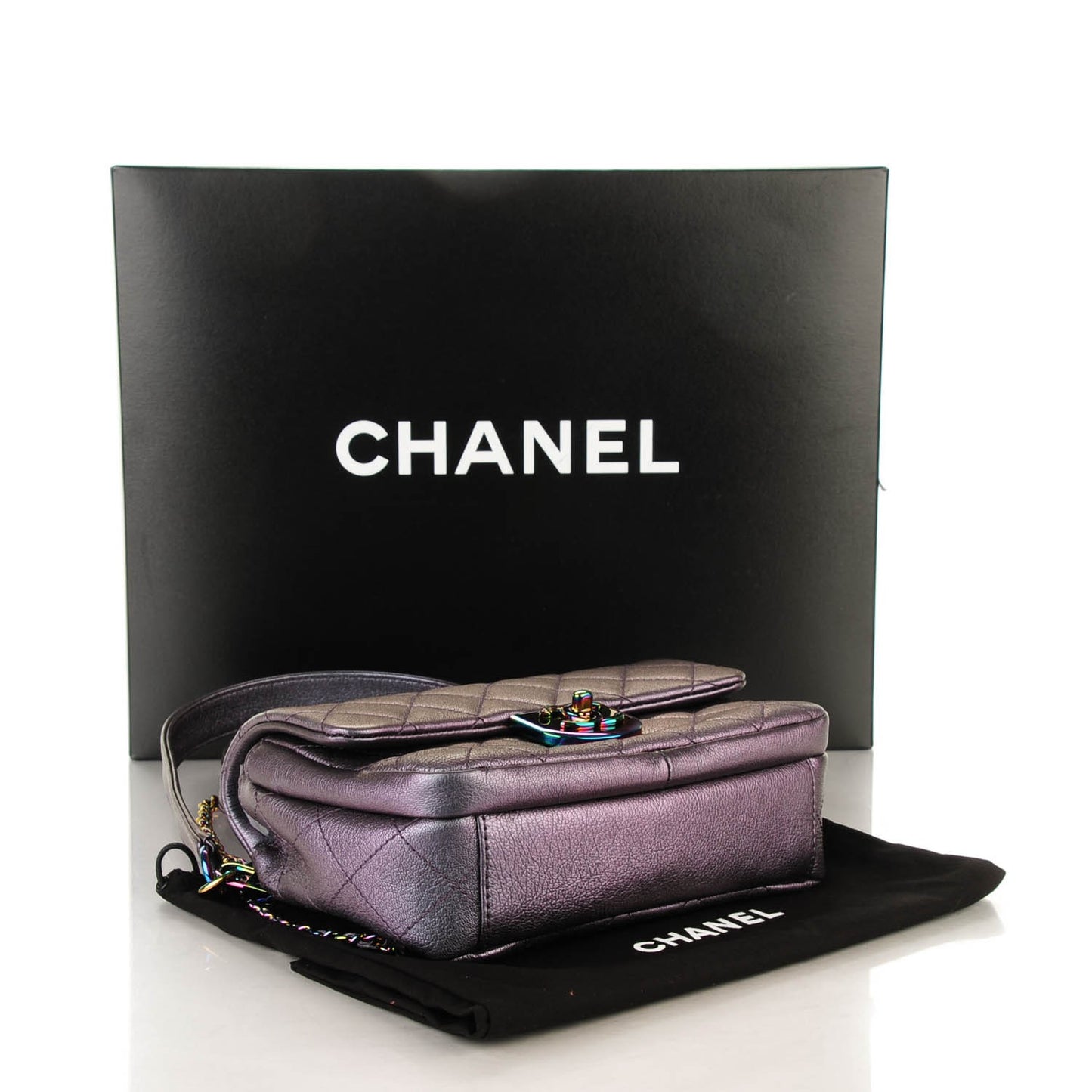 Iridescent Goatskin Quilted Small Double Carry Waist Chain Flap Purple