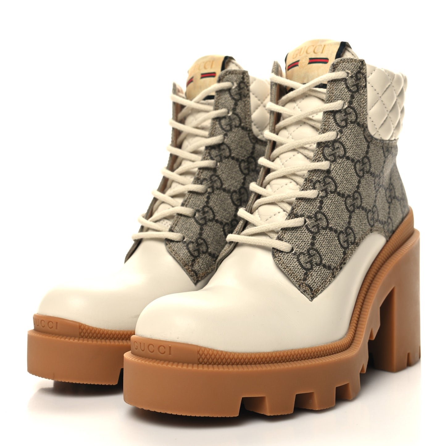 Calfskin GG Supreme Monogram Nappa Quilted Lace Up Ankle Boots 36 Mystic White Beige