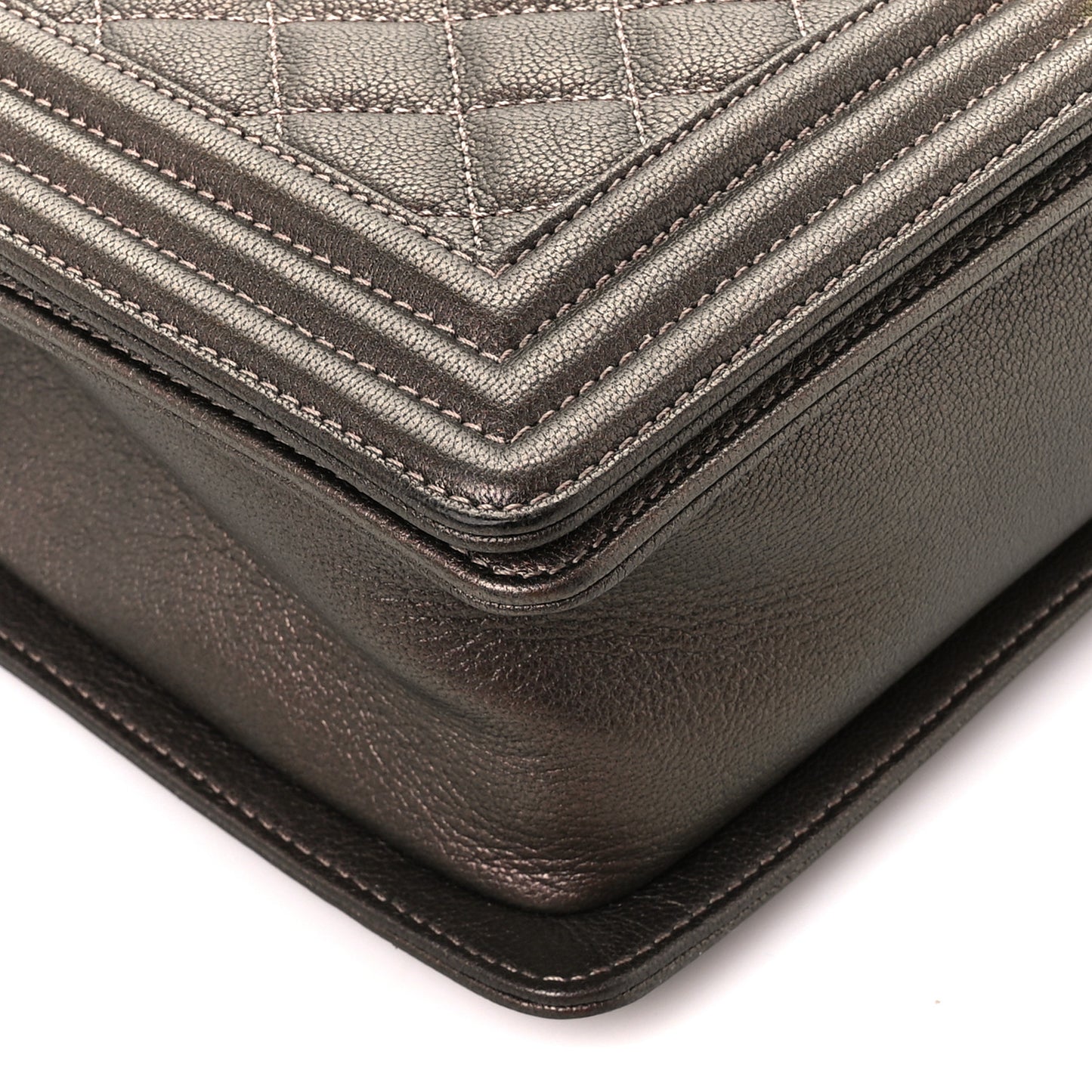 Iridescent Goatskin Quilted New Medium Boy Flap Dark Gold