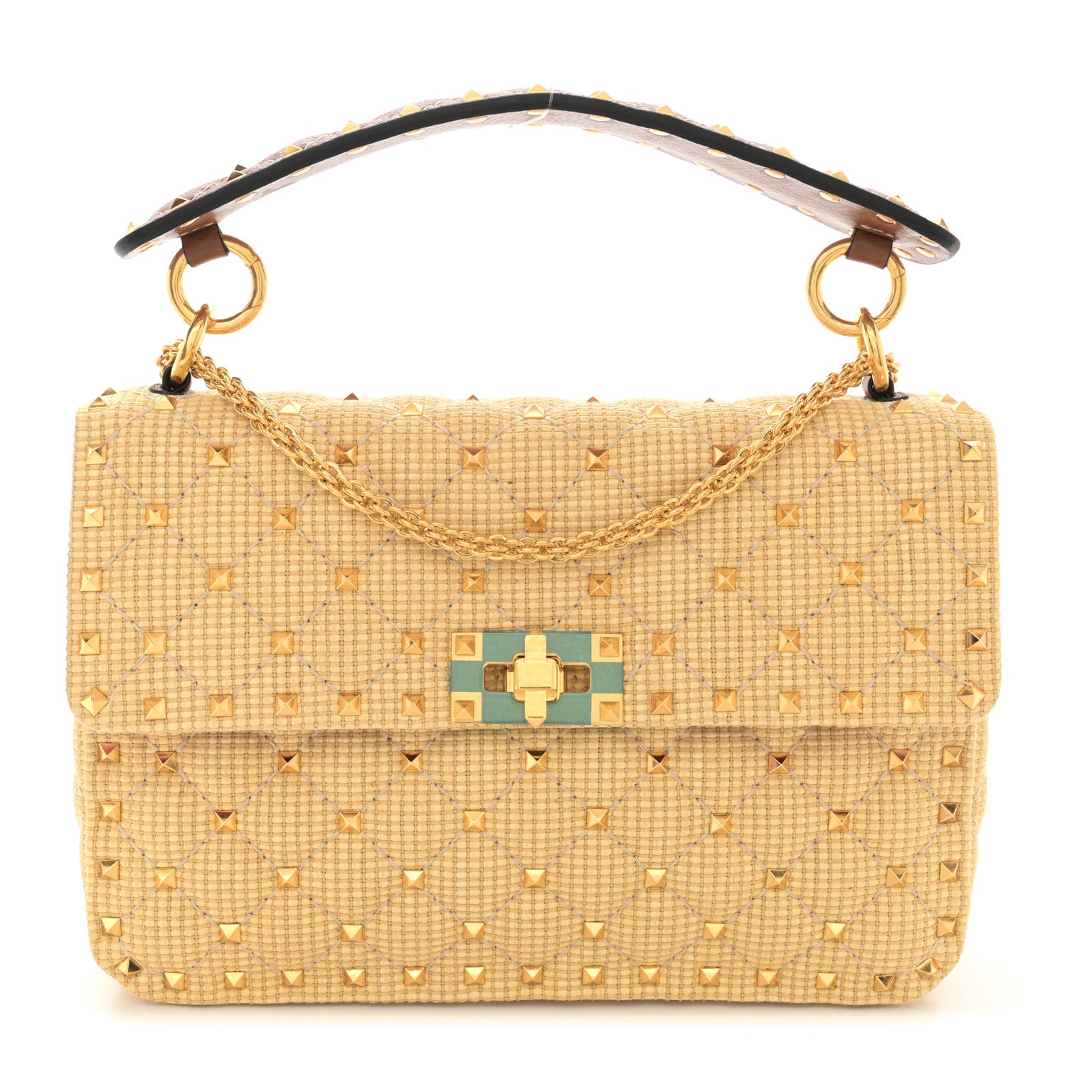 Valentino Garavani Raffia Medium Rockstud Spike Shoulder Bag Natural Tan 1 of 9