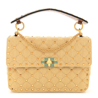 Valentino Garavani Raffia Medium Rockstud Spike Shoulder Bag Natural Tan 1 of 9