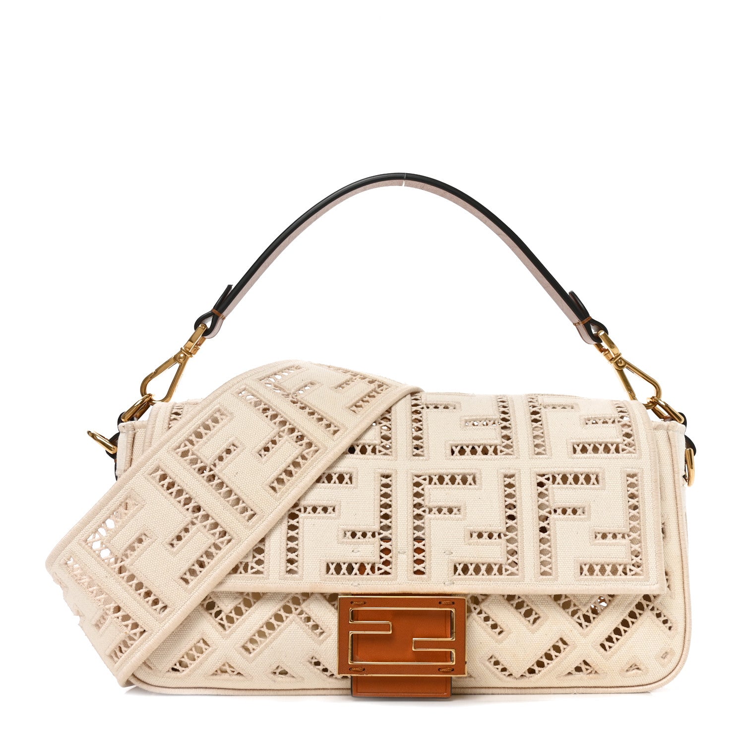Fendi Canvas Cuoio Agata FF Ajour Embroidered Baguette Grezzo Cuoio 1 of 10