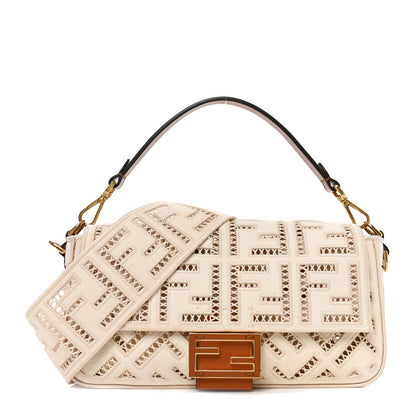 Fendi Canvas Cuoio Agata FF Ajour Embroidered Baguette Grezzo Cuoio 1 of 10